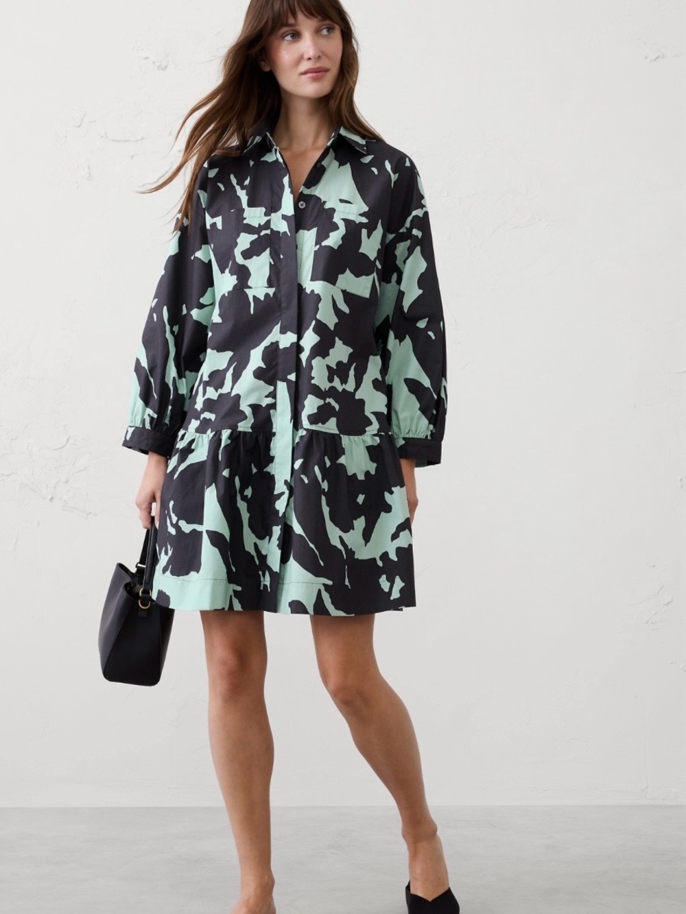 Banana Republic Factory Mint and Black Puff Sleeve Tiered Dress